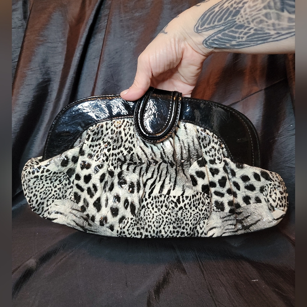 Vintage Puffer Black & White Animal Print Faux Patent Leather Clutch Bag